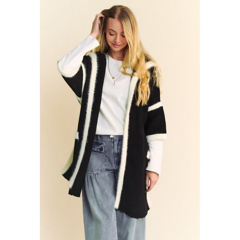 The Davi Black/White Fuzzy Trim Open Front Cardigan