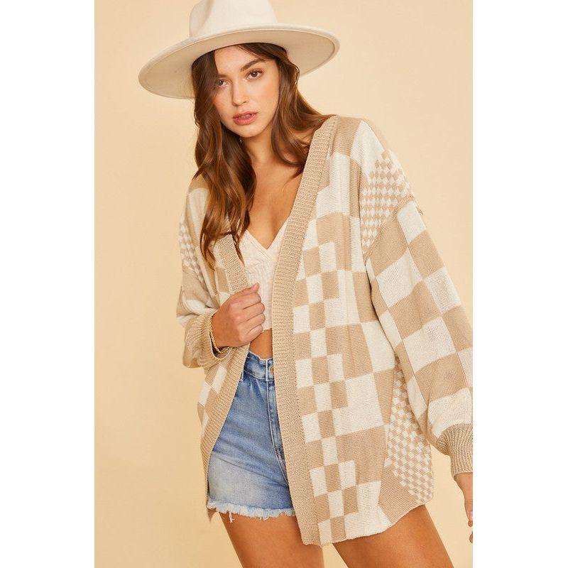 The Checkerboard Tan Open Front Cardigan