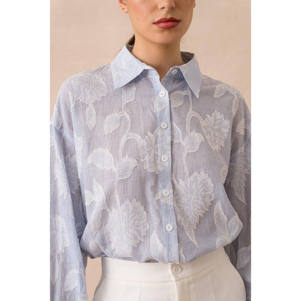 The Taline Blue Striped Floral Embroidered Shirt