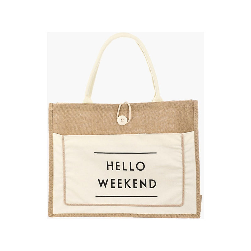 The Hello Weekend Burlap Tote Bag In Black, Ivory Or Pink