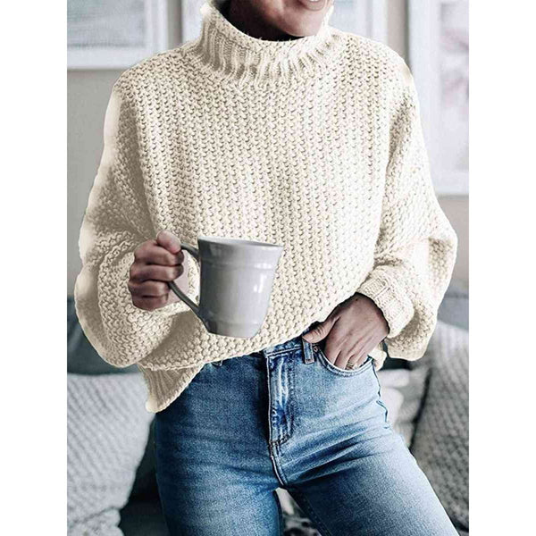 The Chunky Knit Mock Neck Dropped Shoulder Sweater in Several Colors