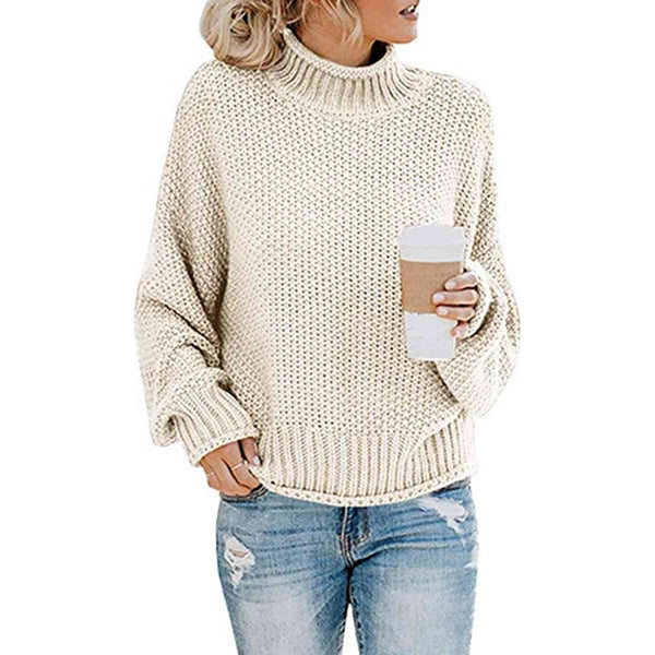 The Chunky Knit Mock Neck Dropped Shoulder Sweater in Several Colors