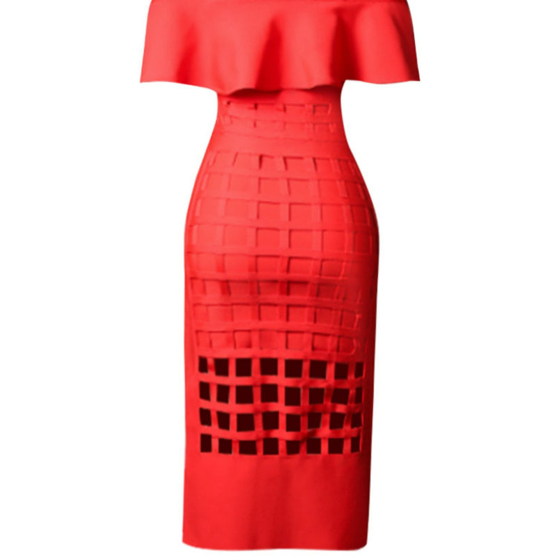 The Red Ruffle Off-Shoulder Cutout Slit Midi Dress