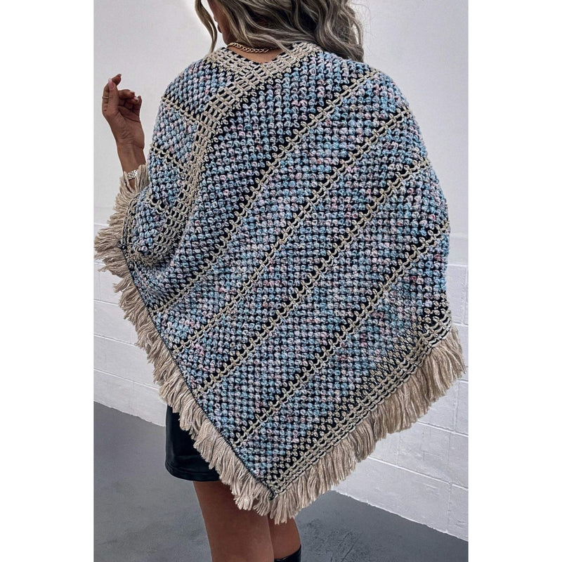 The Zuma Heathered Gray V-Neck Fringe Hem Poncho