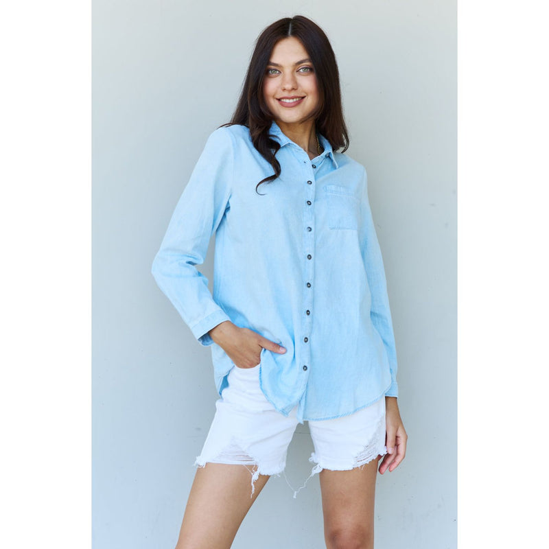 The Blue Jean Baby Light Blue Chambray Button Down Shirt Top