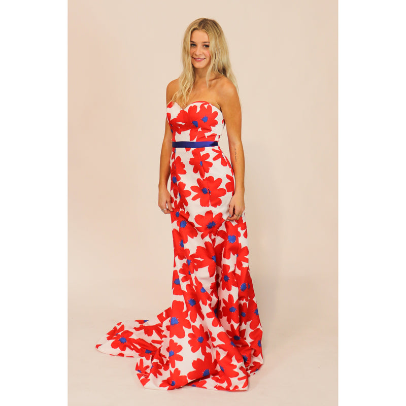 Red Floral Formal Gown - Cason Couture