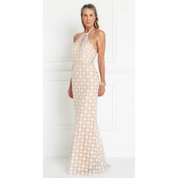 The Sunflower Embellished Tulle Halter Mermaid Gown in Champagne