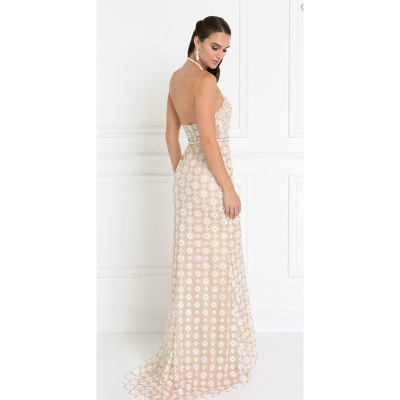 The Sunflower Embellished Tulle Halter Mermaid Gown in Champagne