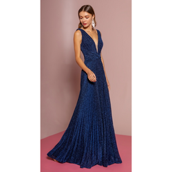 The Florian Illusion Deep V-Neck Pleated Gown in Navy