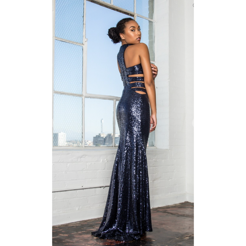 The Cosmo Cutout Sequin Gown in Navy
