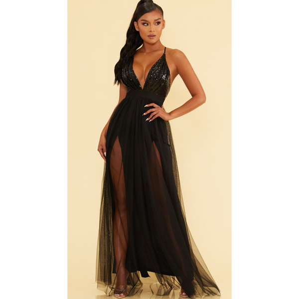 The Vera Deep V-Neck Sequin Bust Mesh Gown in Black