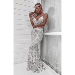 The Spotlight Luxe Sequin Backless Mermaid Fishtail Gown in Silver
