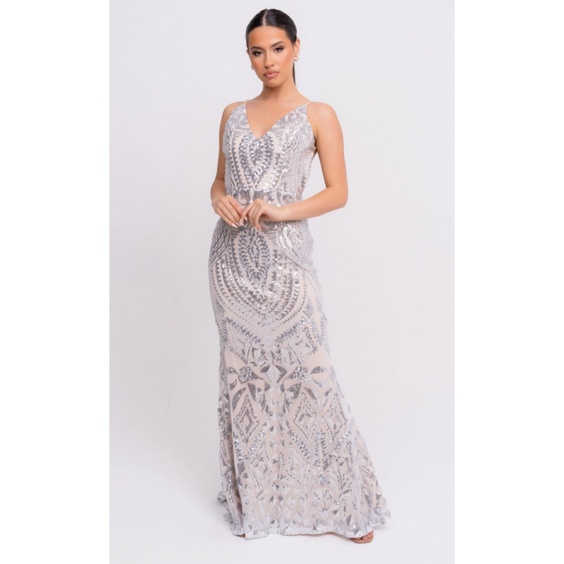 The Spotlight Luxe Sequin Backless Mermaid Fishtail Gown in Silver