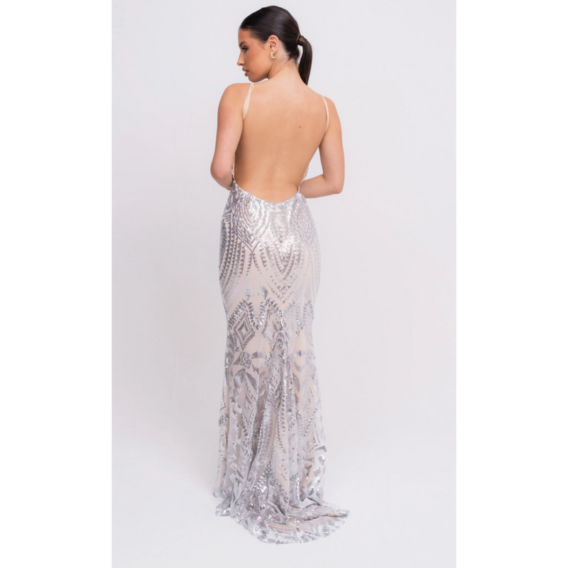 The Spotlight Luxe Sequin Backless Mermaid Fishtail Gown in Silver