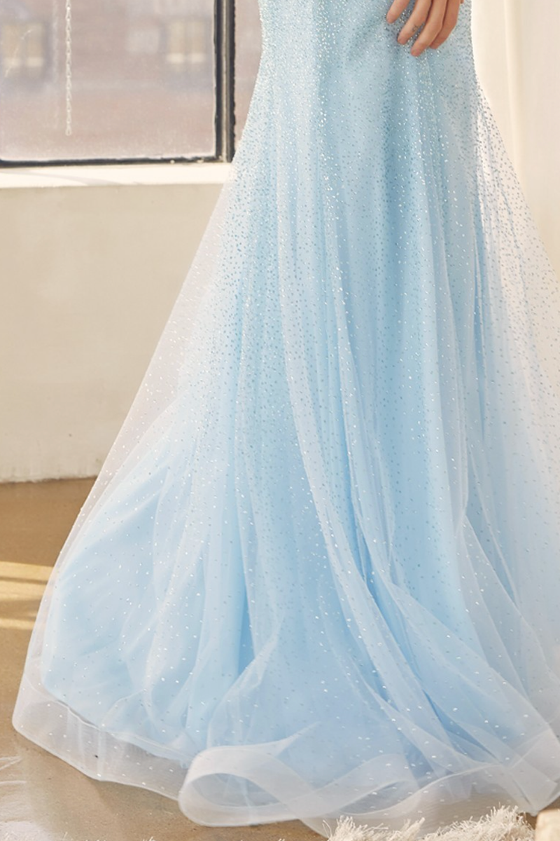 The Ice Blue Glitter Overlay Trumpet Dress Cason Couture The Ice Blue Glitter Overlay Trumpet Dress Cason Couture