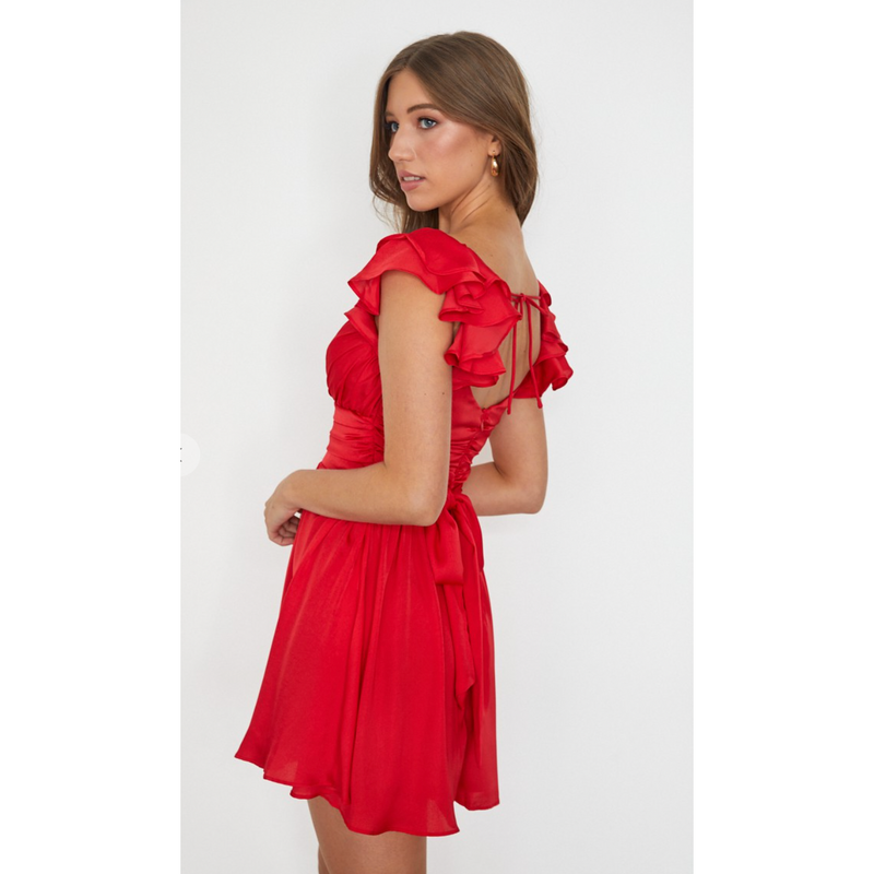 The Tila Red Ruffled Surplice Mini Dress in Red