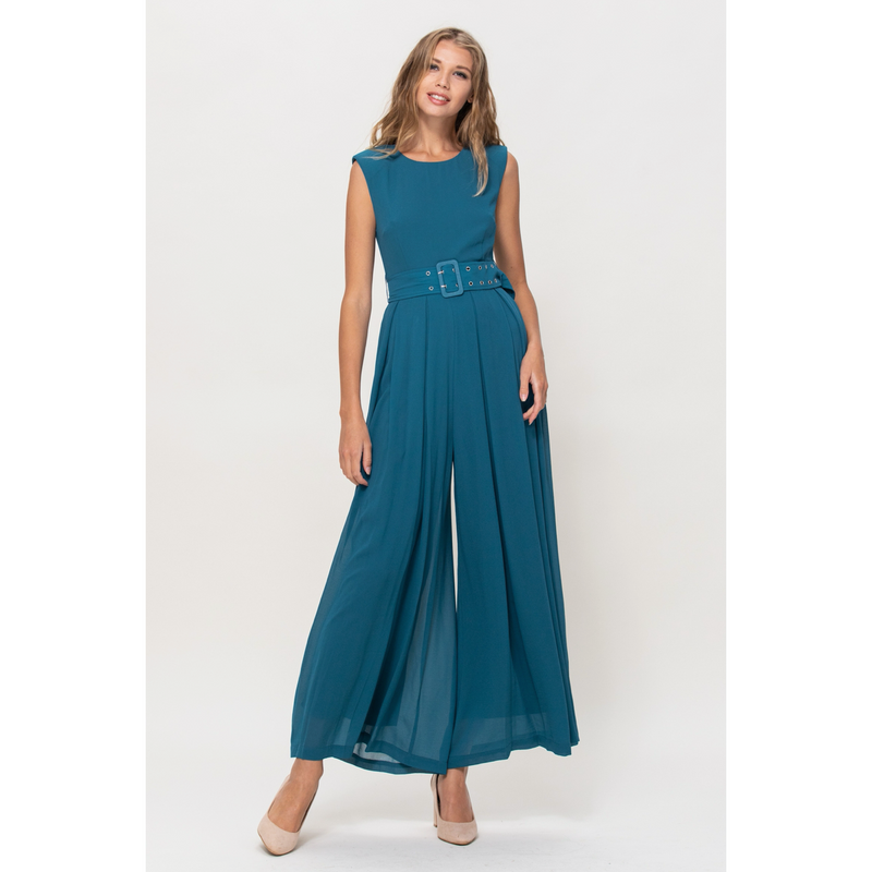 The Revere Sleeveless Belted Wide Leg Jumpsuit in Teal