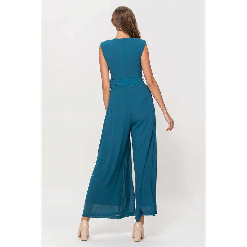The Revere Sleeveless Belted Wide Leg Jumpsuit in Teal