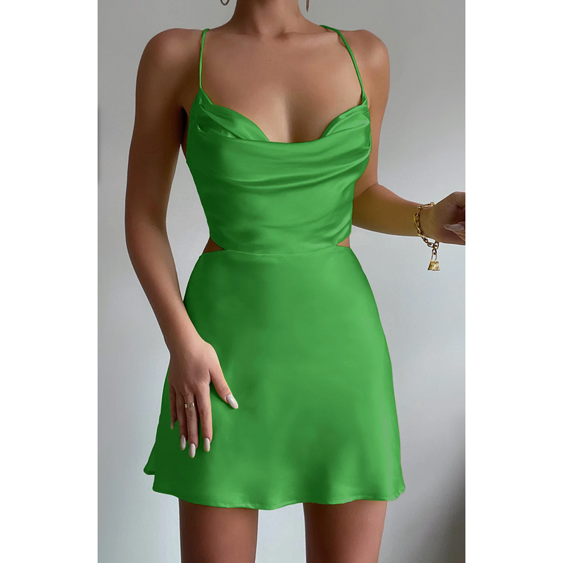 The Kasha Green Satin Cowl Neck Mini Dress