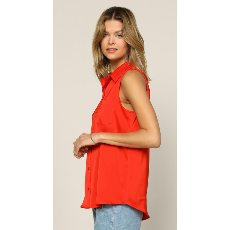 The Cider Sleeveless Satin Button Down Top in Red