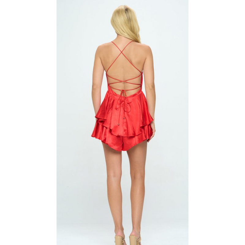 The Strawberry Satin Cowl Neck Romper in Red