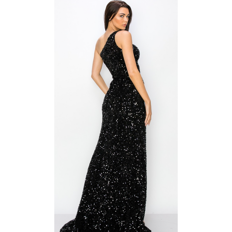 The Monroe One Shoulder Sequin Gown in Black