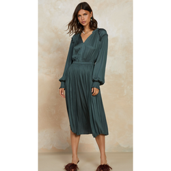 The Libra Long Sleeve Surplice V-Neck Pleated Midi Dress in Forest Green