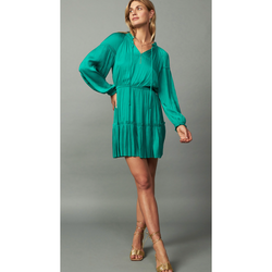 The Orla Long Pleated Sleeve V-Neck Mini Dress in Teal