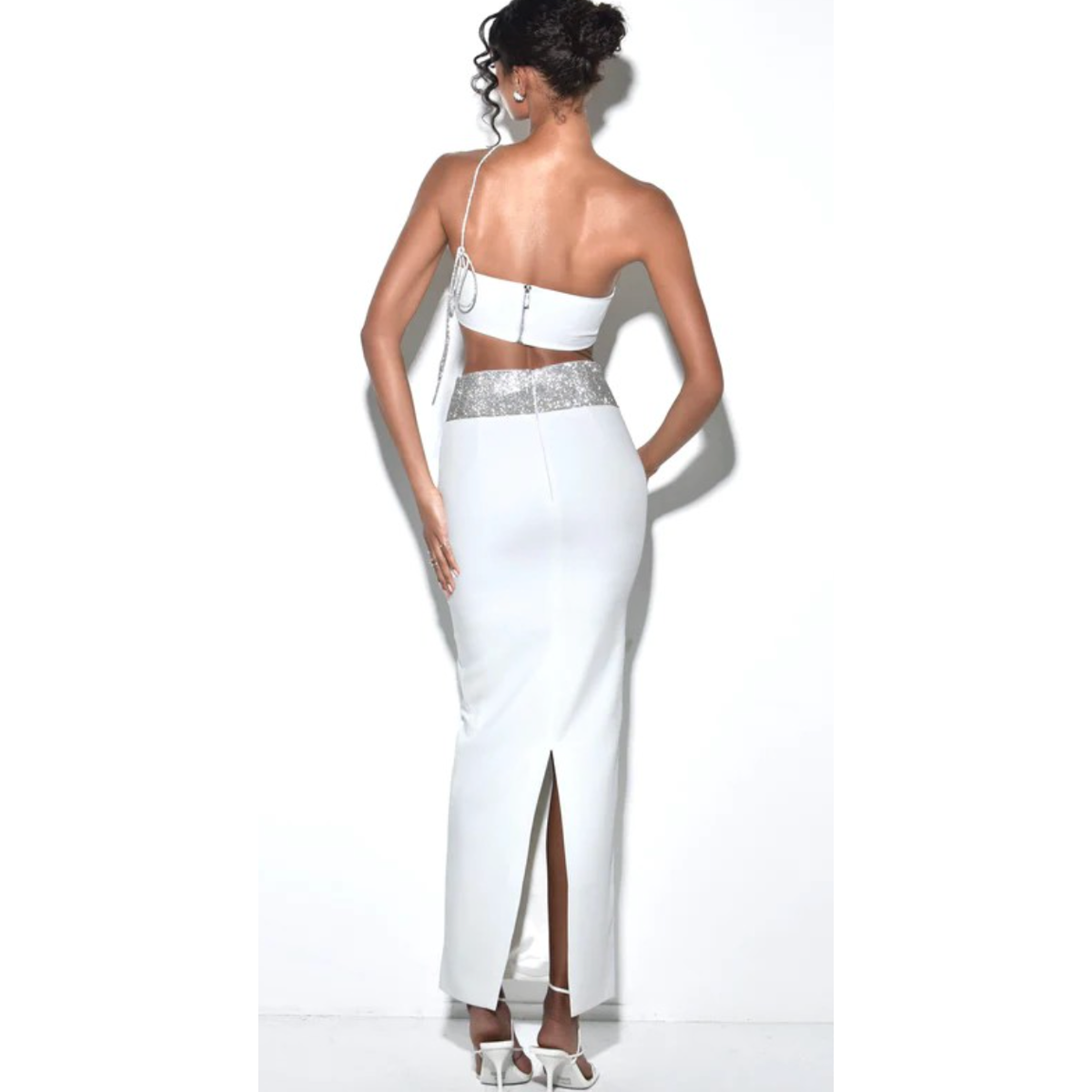 The Cardi Crystal Embellished Two Piece Bandeau Top and Long Skirt Set Cason Couture