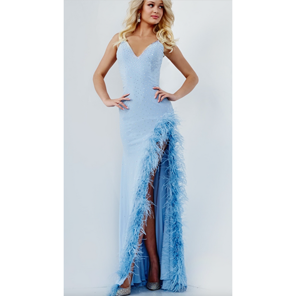 The Jovani Light Blue V-Neck Embellished Feather Gown