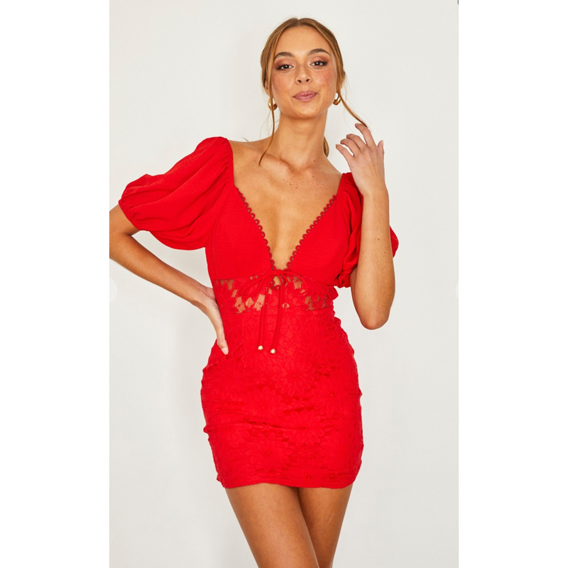 The Radiant Red V-Neck Puff Sleeve Bodycon Midi Dress