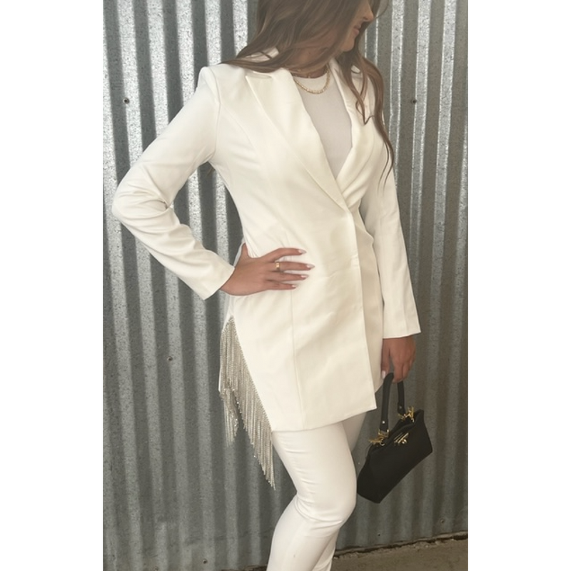 The Crystal Fringe White Fitted Crepe Blazer/Mini Dress