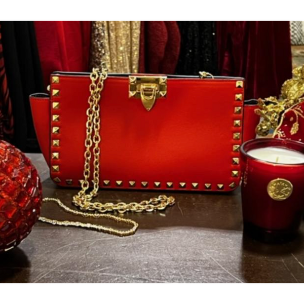 The Rockstud Clutch/Crossbody Red Vegan Leather Handbag