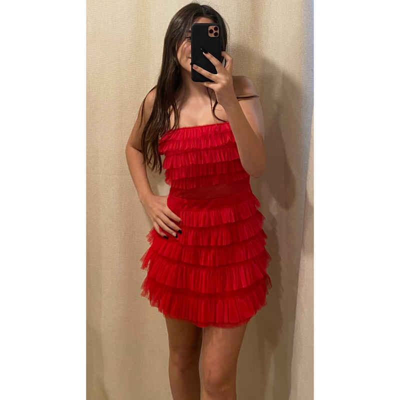 The Chloe Red Strapless Tulle Mini Dress
