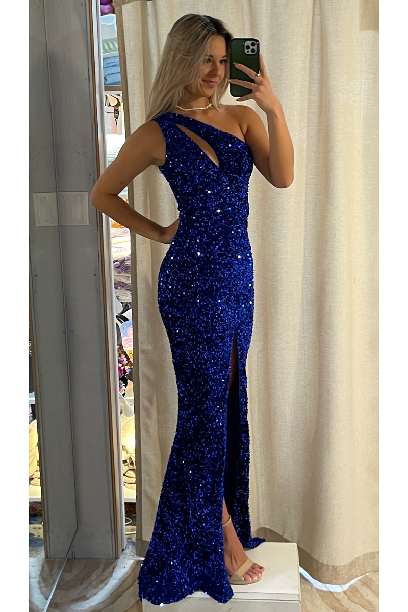 The Marlo Blue Sequin Cut-Out One Shoulder Gown XL