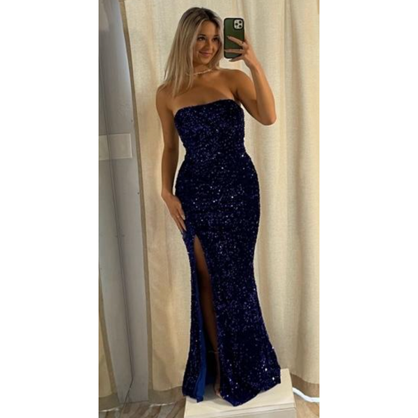 The Tamara Blue Sequin Strapless High Slit Gown