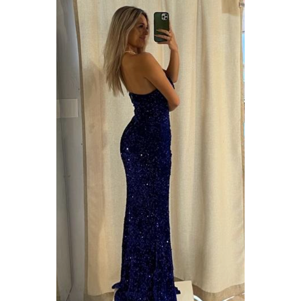 The Tamara Blue Sequin Strapless High Slit Gown