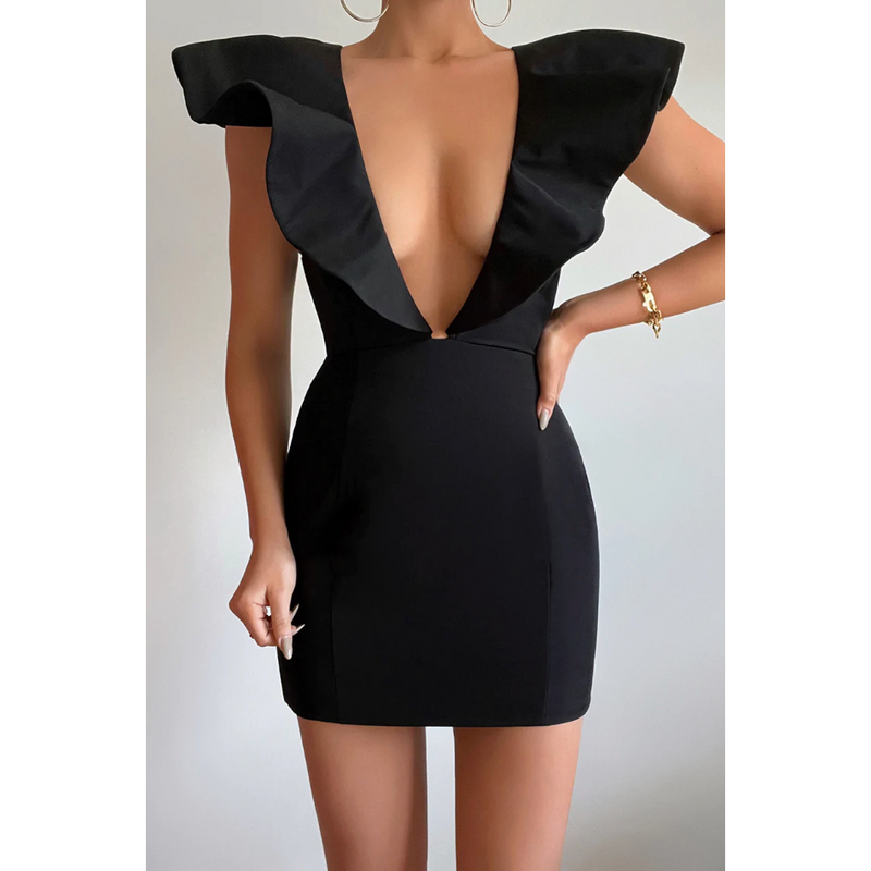 The Zoey Wing Sleeve Mini Dress in Black
