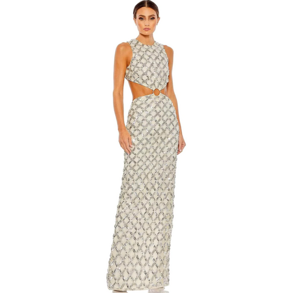 The Mac Duggal 10909 Silver Lattice Detailed Cut Out Column Gown