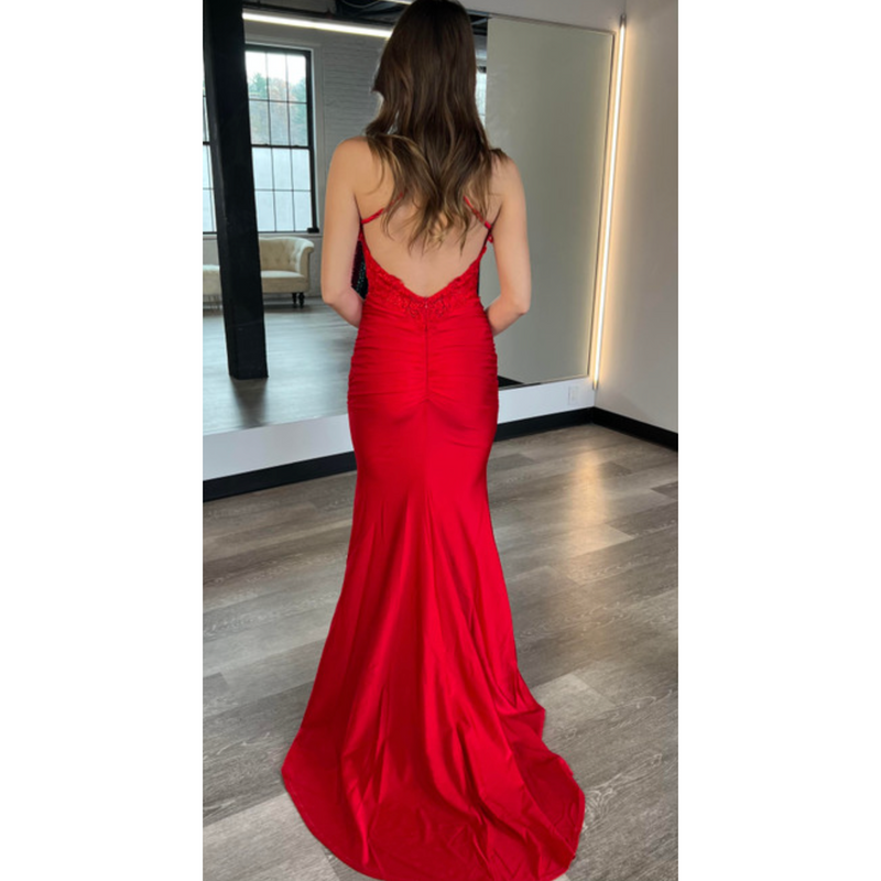 The Alina Red Lace Ruched Gown