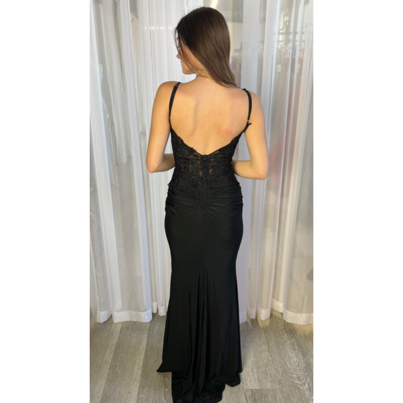 The Damara Black Fitted Satin Lace Bodice Gown