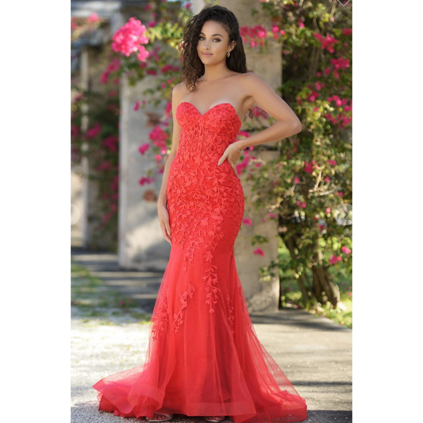 The Noella Red Strapless Applique and Tulle Corset Gown