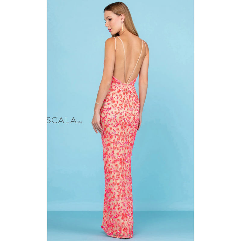 The Scala 60261 Hot Pink/Nude Contrast Sequin Column Gown