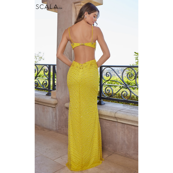 The Scala 60395 Yellow Scalloped Neck Bedazzeled Sequin Gown