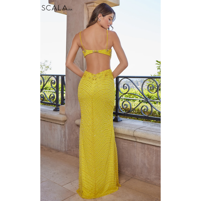 The Scala 60395 Yellow Scalloped Neck Bedazzeled Sequin Gown