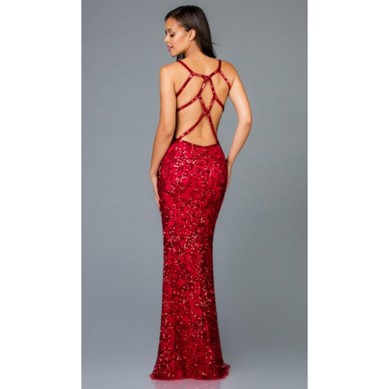 The Scala 48932 Strappy Back Red Sequin Sheath Gown