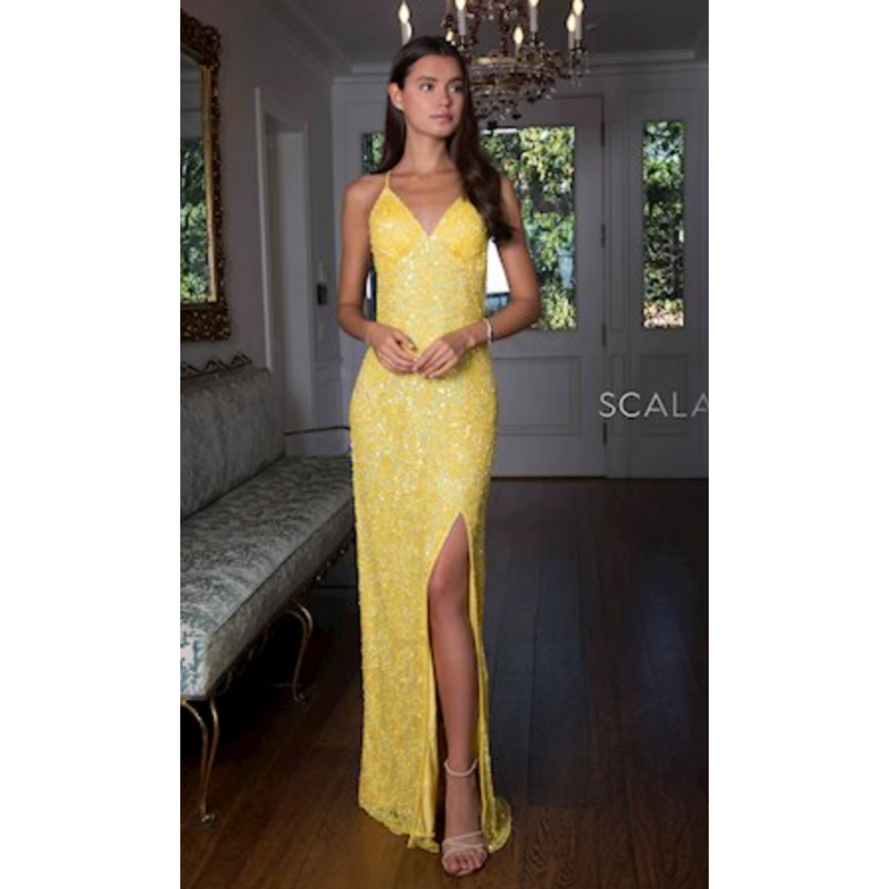 The Scala 47542 Sunflower Paisley Sequin Sheath Gown