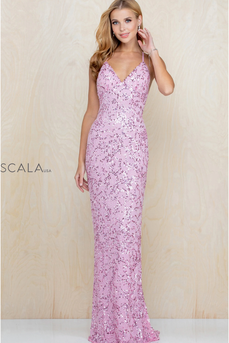 The Scala 47542 Pink Paisley Sequin Sheath Gown Cason Couture The Scala 47542 Pink Paisley Sequin Sheath Gown Cason Couture