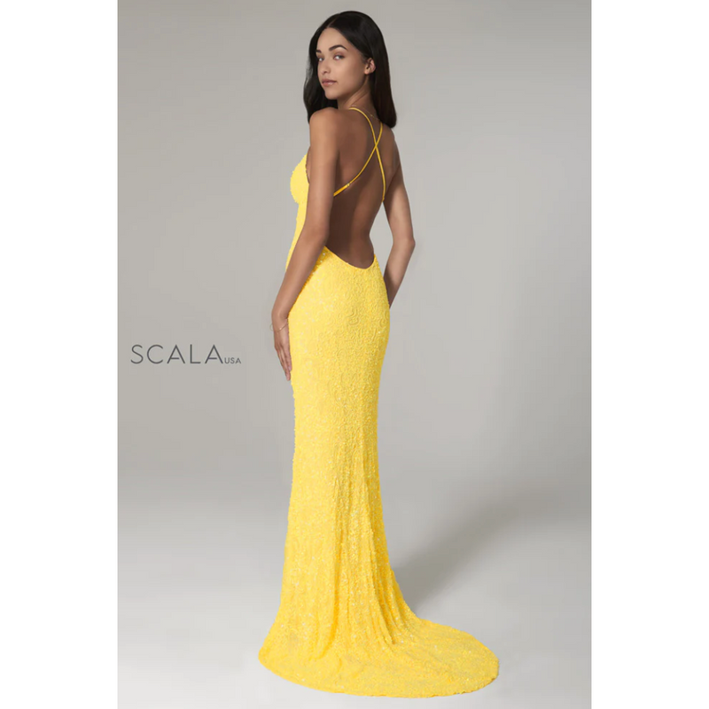 The Scala 47542 Sunflower Paisley Sequin Sheath Gown