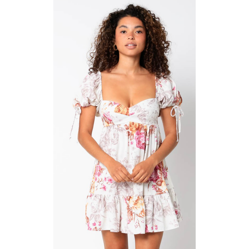 The Tallulah White Floral Puff Sleeve Sweetheart Neck Babydoll Mini Dress